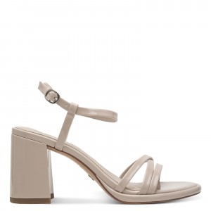 Tamaris 1-28328-46-408 Beige Patent Γυναικεία Πέδιλα με Τακούνι