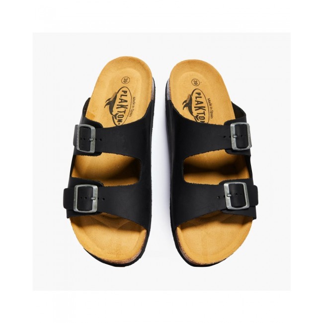 Plakton 180010 Black Γυναικεία Ανατομικά Δερμάτινα Σανδάλια