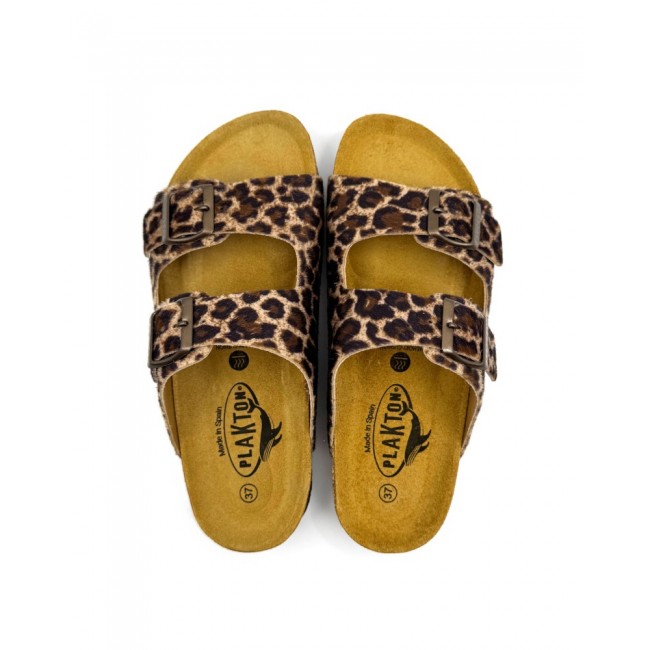 Plakton 180010 Leopardo Γυναικεία Ανατομικά Δερμάτινα Σανδάλια